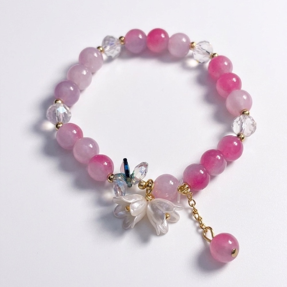 Pink Beaded Stretch Bracelet with Floral Charm